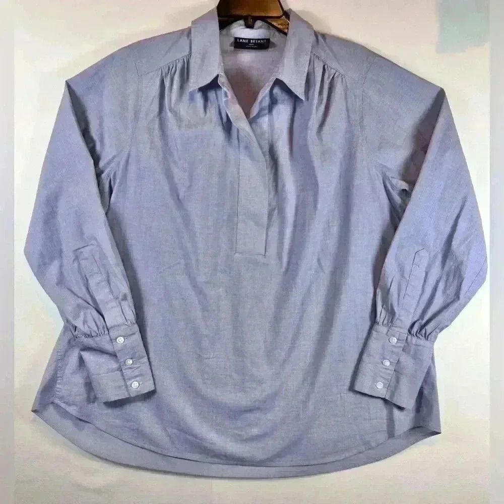 Lane Bryant chambray top tunic size 14/16, gathered sleeve blouse classic preppy